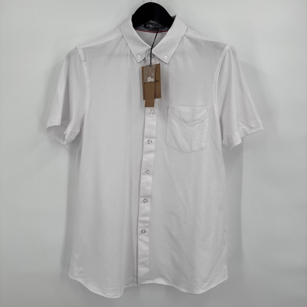 PAUL JONES White Cotton Blend Knit Front Button‎ Shirt NEW Medium Pocket